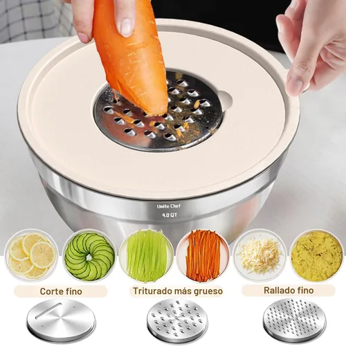Miniatura 8 de Umite Chef, juego de 8 cuencos para mezclar con tapas herméticas, cuencos anidados de acero inoxidable color caqui con accesorios para rallar