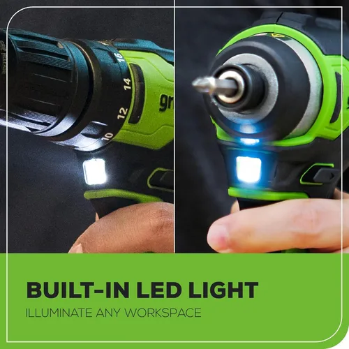 Miniatura 9 de Greenworks Kit combinado de herramientas eléctricas sin escobillas de 24 V, 5 piezas: 310 pulgadas. -lbs Taladro, destornillador de impacto Ibs