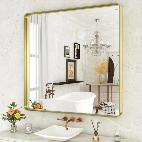 Miniatura 114 de WEER - Espejo de baño dorado, espejo de 40x32 pulgadas con marco de metal dorado cepillado, espejo de tocador de baño de oro para pared