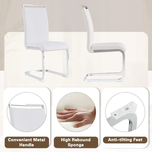 Miniatura 6 de Juego de mesa de comedor de cristal para 4, mesa rectangular con 4 sillas de cocina de cuero blanco, juego de comedor de cocina de 51 pulgadas, mesa