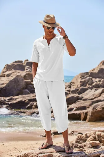 Miniatura 2 de COOFANDY Conjunto de 2 piezas de lino para hombre, camisa Henley de manga corta y pantalones capri harén, pierna ancha, holgados, pantalones de yoga