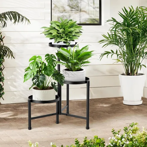 Miniatura 8 de Soporte esquinero de 3 niveles para plantas para interiores y exteriores, estante de metal para plantas con bandeja de 10 pulgadas de ancho, soporte