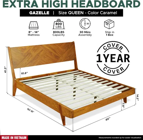 Miniatura 2 de Gazelle Signature - Marco de cama con cabecera alta de plataforma de madera maciza, marco de cama Queen, cama de madera natural Art Deco compatible