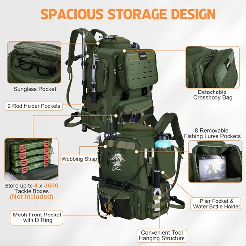 Miniatura 2 de Goture Mochila de pesca, mochila 900D resistente al agua con soportes para caña, bolsa de aparejos de pesca de gran tamaño de 58 L con bolsa cruzada