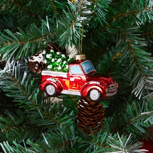 Miniatura 6 de Joiedomi Adornos Navideños Mini de Camión Rojo con Árbol, Adorno Pequeño y Divertido de Vidrio Soplado para Colgar en Árbol de Navidad, Decoraciones