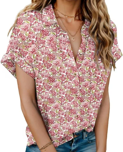 Miniatura 20 de HOTOUCH Camisas de Lino para Mujer con Botones Blusas de Manga Corta de Algodón Cuello en V con Cuello Tops de Gasa con Botones S-3XL