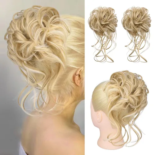 Miniatura 21 de HOOJIH 2 piezas de moño despeinado, recogido despeinado con mechones, extensiones de moño de cabello ondulado rizado, envoltorio de cabello, cola