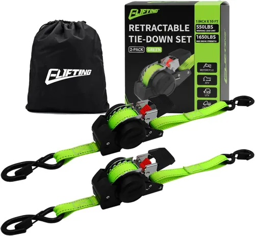 Correas de trinquete retráctiles (paquete de 2) correas de amarre autoretráctiles de 1 pulgada x 10 pies (resistencia a la rotura de 1650 libras),