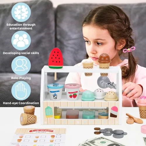 Miniatura 5 de ZJEFUNS - Juguetes de helado de madera para niños, mostrador de helados para niños pequeños, juego de simulación de alimentos, servir con cuchara