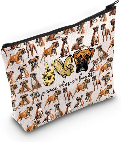 LEVLO Bolsa de maquillaje cosmético para perros Boxer - Peace Love con cremallera, regalo para mujeres y niñas, Boxeador Paz Completo, Bolsa de