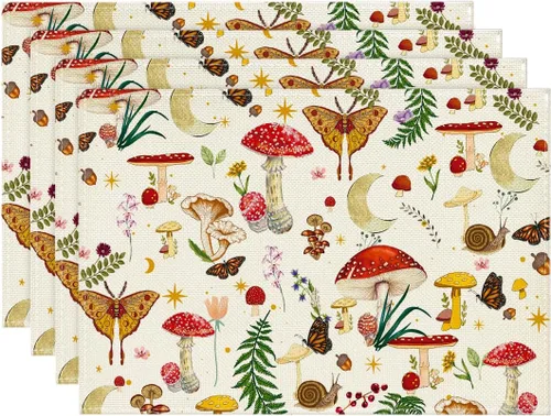 Artoid Mode Juego de 4 manteles individuales modernos de hongos beige de 12 x 18 pulgadas para decoración de fiestas, cocina, comedor