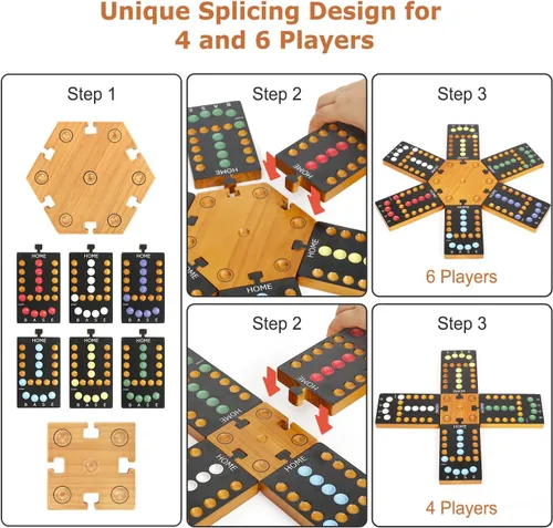 Miniatura 2 de Juego de mesa de mármol, juego de mesa de madera para 4 y 6 jugadores, juego de mármol original portátil con 24 canicas, 12 dados para familiares