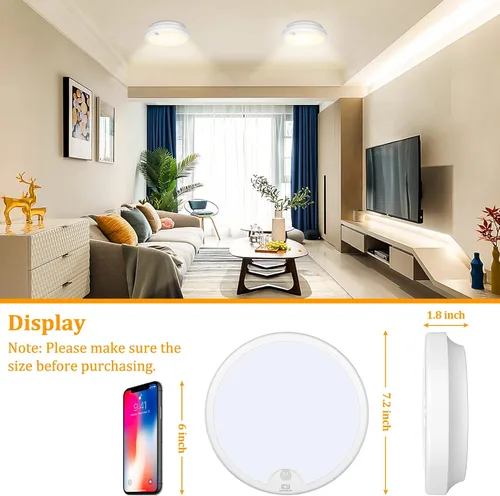 Miniatura 5 de Paquete de 2 luces de techo LED con sensor de movimiento operadas por batería para interiores, lámpara de montaje empotrado inalámbrica regulable