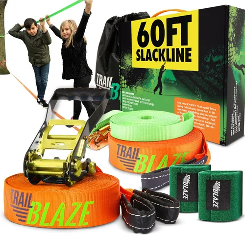 Kit completo Slackline con línea de entrenamiento, líneas flojas de 60 pies para patio trasero para niños y adultos, protectores de árboles más
