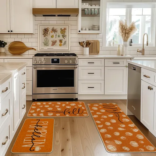 Miniatura 4 de Artoid Mode Juego de 3 tapetes de cocina naranja con texto en inglés "Hello Pumpkin", decoración otoñal para el hogar, alfombras de cocina de bajo