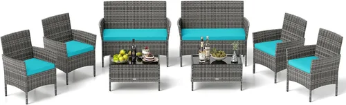 Miniatura 16 de RELAX4LIFE Juego de muebles de patio de 4 piezas – Juego de muebles de ratán para conversación al aire libre con cojines, mesa de centro de cristal