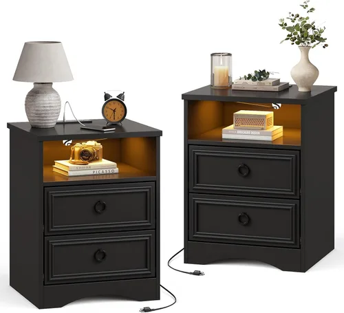 LGHM Juego de 2 mesitas de noche con tira de luces de estación de carga, mesita de noche grande con 2 cajones, mesa auxiliar de cama decorativa de