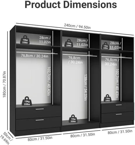 Miniatura 3 de Madesa Juego de armario de 6 puertas y 4 cajones, armario de almacenamiento para dormitorio, con estantes y espacio para colgar, 94 pulgadas de Negro