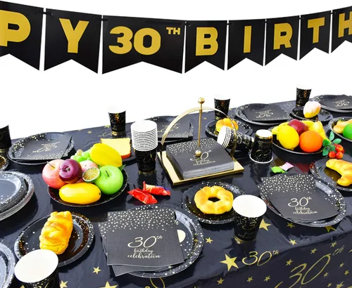 Miniatura 8 de Gatherfun Suministros de fiesta de cumpleaños de 30 años, platos de papel desechables, servilletas, vasos, cuchillos, cucharas, tenedores, mantel
