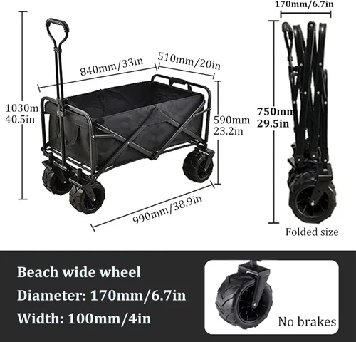Miniatura 7 de Bgarden - Carritos plegables para exteriores, con marco de acero, plegable, con bolsillos laterales, rueda de playa Black