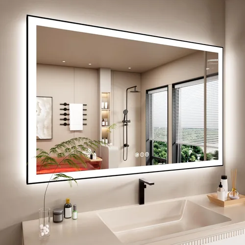 Miniatura 21 de Espejo de baño LED de 60x36 pulgadas con marco negro, espejos de baño retroiluminados y con luz frontal para pared, antiempañamiento, regulable