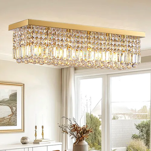 Candelabros Modernos de Cristal para Lámpara de Comedor, Candelabro de Techo Rectangular Dorado de 6 Luces para Isla de Cocina y Sala de Estar,