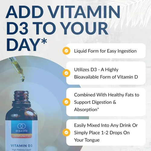 Miniatura 6 de Equilife Vitamina D3: gotas líquidas de alta potencia para una fácil digestión y absorción, apoya la función inmunológica, promueve la salud ósea