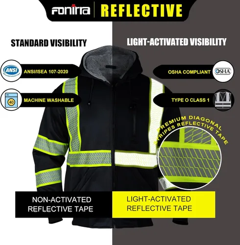 Miniatura 6 de FONIRRA - Sudadera masculina con capucha de alta visibilidad, con forro polar, seguridad ANSI clase 3, chaqueta de trabajo de parte inferior negra