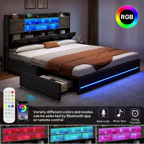 Miniatura 3 de DWVO Base de cama tamaño Queen con luces LED RGB y cabecera de estantería de almacenamiento, cama tapizada con estación de carga y 4 cajones,