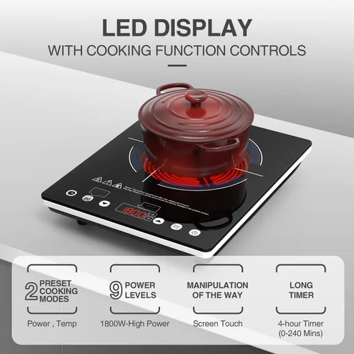 Miniatura 5 de VBGK Placa de Cocción Eléctrica, estufa eléctrica de 110 V, control táctil LED de un solo quemador, 9 niveles de potencia, bloqueo y temporizador