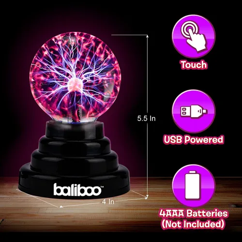 Miniatura 2 de BALIBOO Lámpara de bola de plasma mini de 7,6 cm – Globo de rayos activado por toque – Lámpara de globo de plasma USB y a pilas – Bola