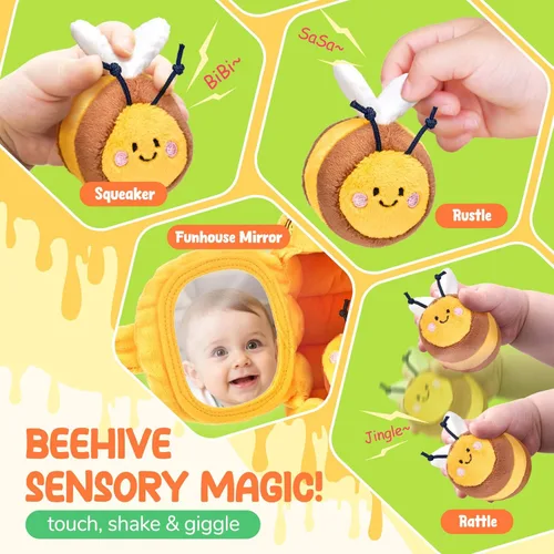 Miniatura 5 de JoyCat Juguetes para bebés de 6 meses, colmena de flores con 5 abejas sensoriales de peluche, crujiente, sonajero, espejo, juguetes Montessori