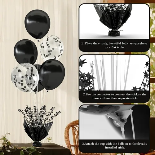 Miniatura 6 de 2 Juego de Globos de Mesa Negros con Spray de Aluminio para Centro de Mesa con Globos Negros y de Confeti, Kit de Soporte para Decoración de Mesa