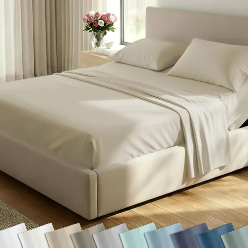 Miniatura 73 de Juego de sábanas split king para cama ajustable de 100% algodón natural satinado de 400 hilos, transpirables/duraderas, con esquinas 07 - Gris claro
