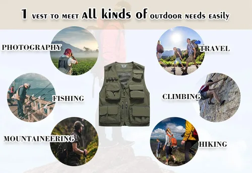 Miniatura 5 de Flygo Chaleco casual de varios bolsillos para hombre, uso al aire libre, para pescar, con fotos, safari, trabajo, viajes, chaleco