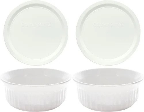 CorningWare, cazuelas redondas estilo francés de 16 onzas con cubierta plástica, Blanco