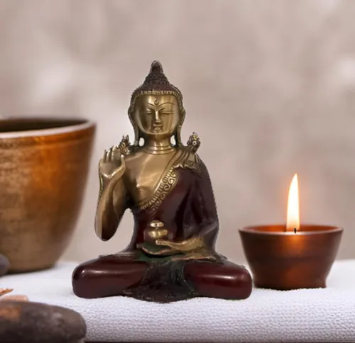 Miniatura 9 de Purpledip Latón Ídolo Reina Maya de Sakya, Madre de Gautam Buda: Estatua Vintage Acabado Oro (12155)