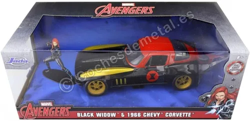 Miniatura 9 de Marvel 1:24 1966 Chevy Corvette - Auto fundido a presión con figura de viuda negra de 2.75 pulgadas, juguetes para niños y adultos