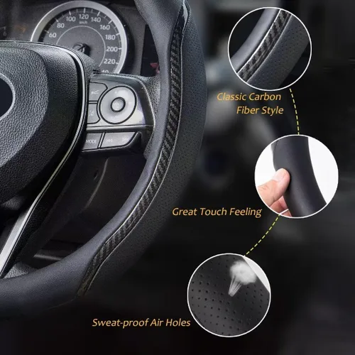Miniatura 3 de Funda negra para volante de automóvil de fibra de carbono con posavasos universales de 14.5 a 15 pulgadas, microfibra de cuero, transpirable, Negro02