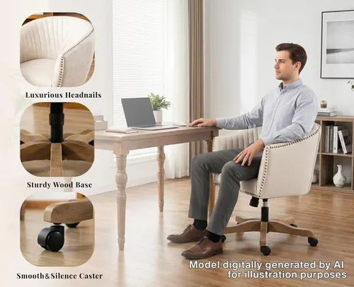 Miniatura 5 de Silla de escritorio de piel sintética beige, silla de escritorio tapizada giratoria con brazo ajustable con cabezas de clavos, cómoda silla