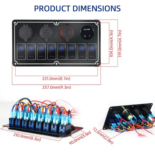 Miniatura 2 de Panel de Interruptores de Palanca Impermeable de 8 Posiciones con Cargador USB Dual y Voltímetro - Protección contra Sobrecarga para RV, Marina