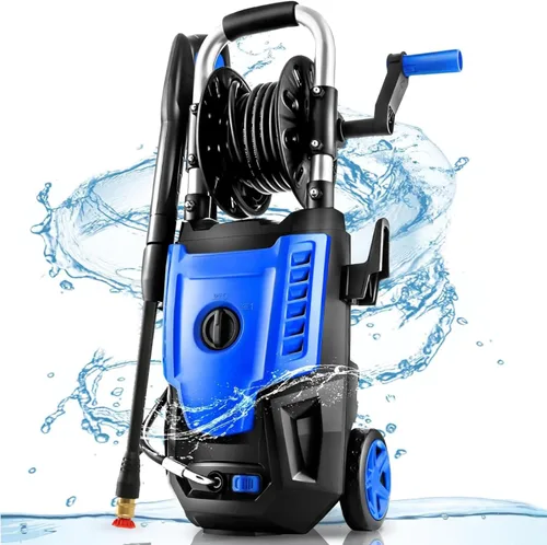 Lavadora a presión eléctrica de 4800 PSI: lavadora de alta potencia de 3.8 GPM con carrete de manguera de 33 pies, 4 puntas de pulverización y Azul