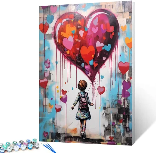 Miniatura 28 de Tucocoo Kits de pintura de globos coloridos por números con pinceles y pigmento acrílico sobre lienzo para adultos, cuadro de calle Banksy Little