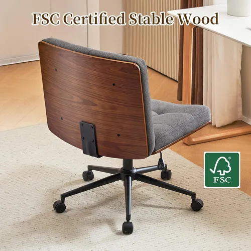 Miniatura 4 de Furnimart FSC Silla de Escritorio Ancha de Madera, Silla de Oficina Giratoria 360° Criss Cross con Ruedas, Cómodo Sentado con Piernas Cruzadas, Gris