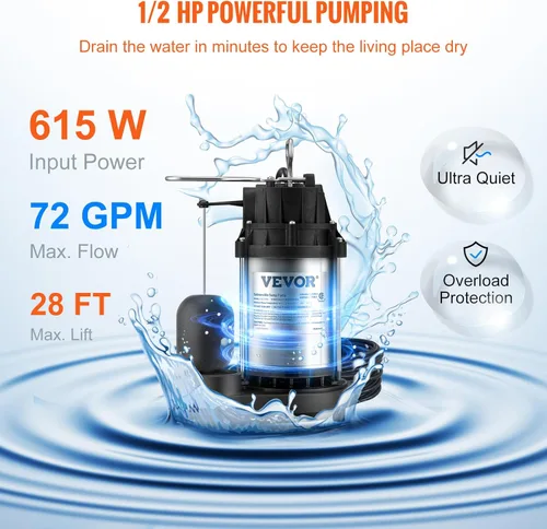 Miniatura 3 de VEVOR Bomba de sumidero sumergible de 1/2 HP, bomba de sumidero con superficie de acero inoxidable, cable de alimentación de 10 pies, descarga NPT