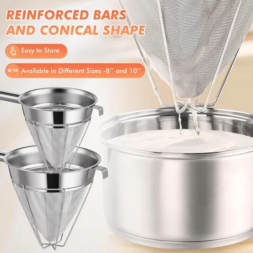 Miniatura 7 de Nuogo Juego de 2 coladores chinos de acero inoxidable de malla fina de metal para caldo de alimentos, colador de malla fina con mango y espátula