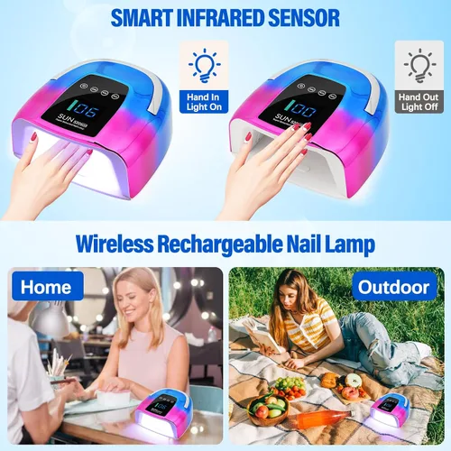 Miniatura 4 de Lámpara de uñas LED UV, inalámbrica, luz UV recargable portátil de 128 W para uñas de gel, secadora de luz de gel profesional con sensor automático