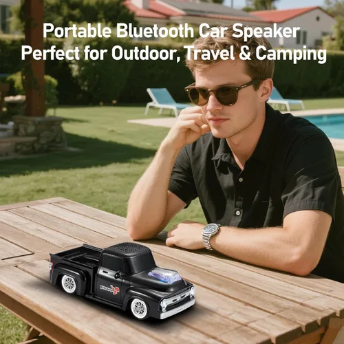 Miniatura 5 de Altavoz Bluetooth retro para camión, diseño de automóvil vintage, sonido estéreo inalámbrico portátil, emparejamiento TWS, luces LED de fiesta