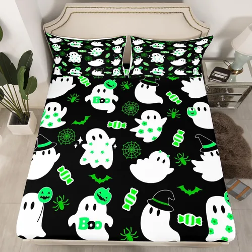 Miniatura 14 de Sábana bajera ajustable de fantasma de Halloween, tamaño individual, sábana de bruja de calabaza de caramelo de dibujos animados, juego de ropa