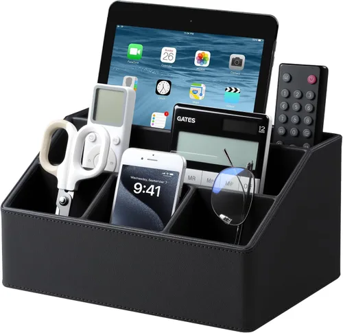 Soporte para control remoto con 5 compartimentos para suministros de arte de oficina, organizador de mesita de noche de cuero sintético, soporte